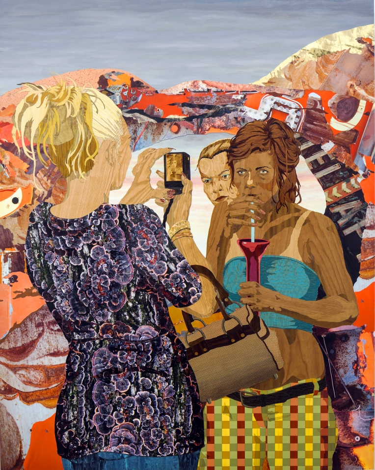 The Lookers, 2015, marquetry hybrid on panel, 58 x 46 inches